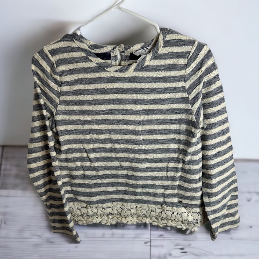 Guess Blue Striped Floral Lace Hem Top Sweater Large Kids